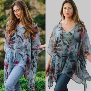 Sevya Handmade Kumari Top One Size Cupro Watercolor Floral Semi Sheer Artsy